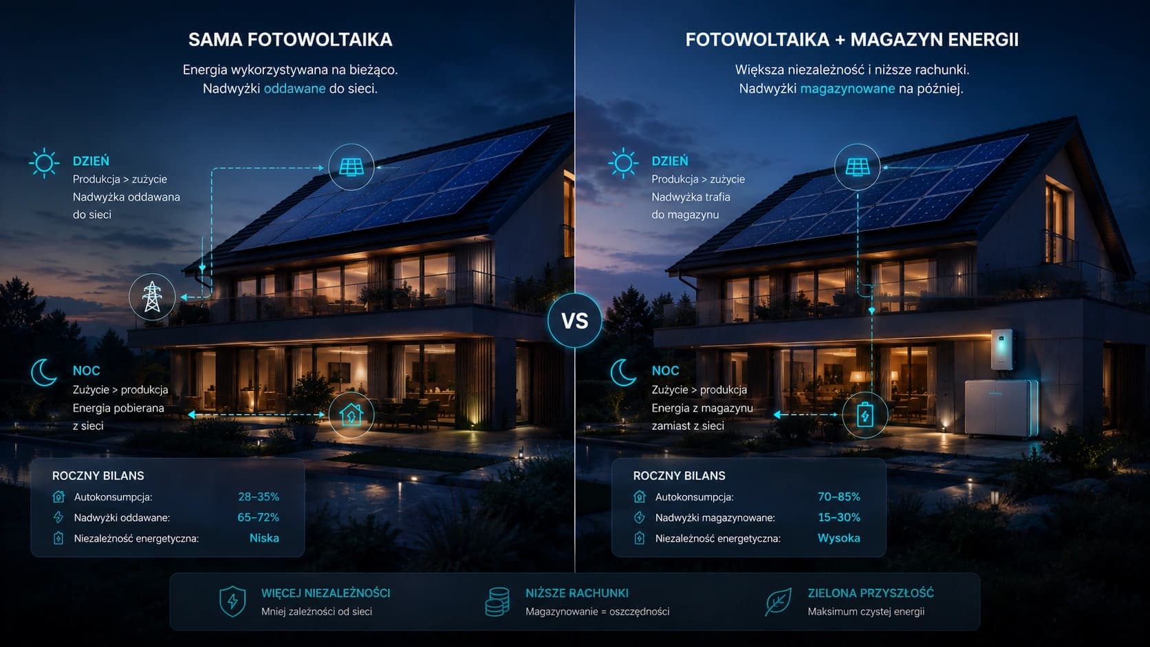 Porównanie domu z samą fotowoltaiką i domu z fotowoltaiką oraz magazynem energii