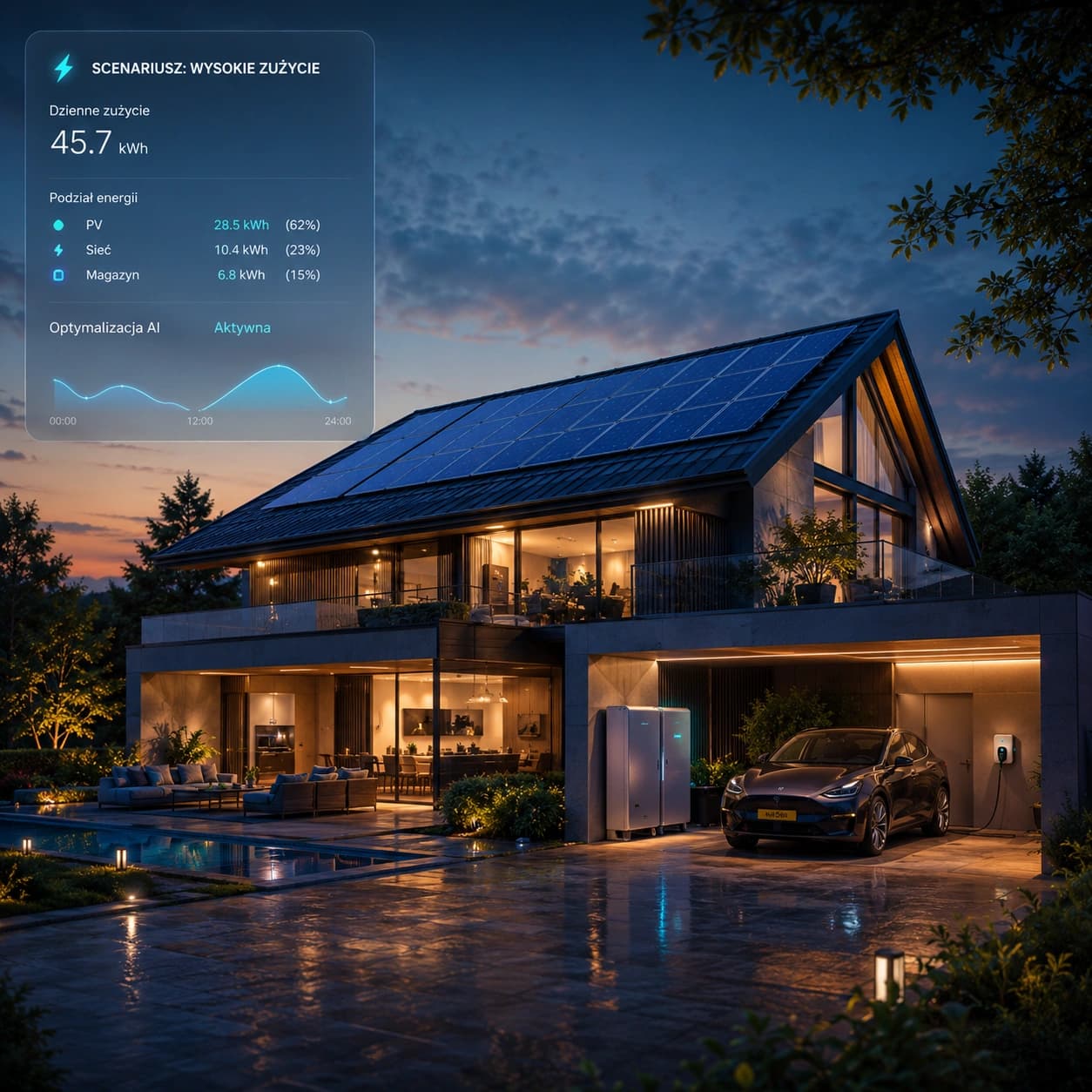 Większy dom jednorodzinny o podwyższonym zużyciu energii i nowoczesnej architekturze
