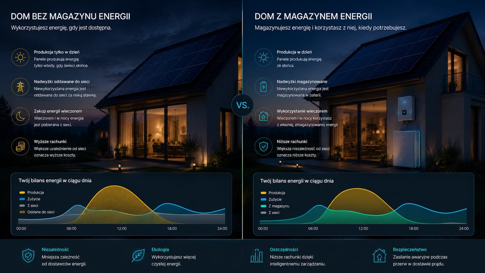 Porównanie domu bez magazynu energii i domu z magazynem energii