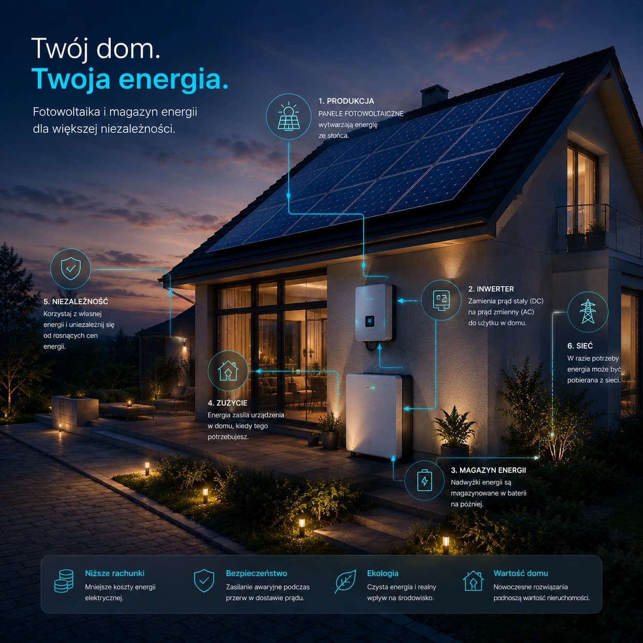 Dom jednorodzinny z fotowoltaiką i magazynem energii jako częścią jednego systemu
